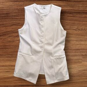 Joie Off White Sleeveless Long Button Front‎ Vest Two Front Slit Pockets Sz L